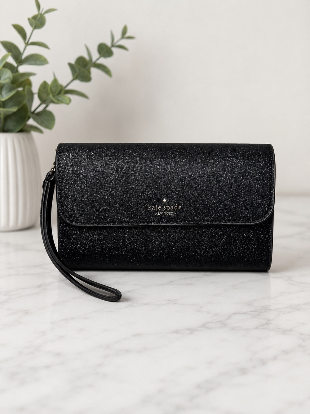 Kate Spade Tinsel Boxed Medium Phone Wristlet Black Glitter K9255 NWT $199